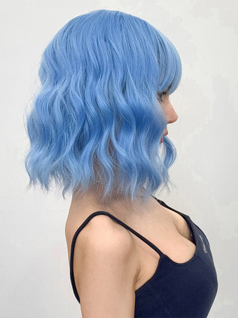 合成ウィッグ ライトスカイブルー カーリー 耐熱ファイバー 乱れたショート レディース 女性用 ショートウィッグ