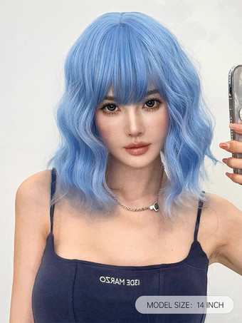 合成ウィッグ ライトスカイブルー カーリー 耐熱ファイバー 乱れたショート レディース 女性用 ショートウィッグ
