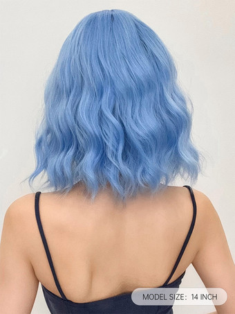 合成ウィッグ ライトスカイブルー カーリー 耐熱ファイバー 乱れたショート レディース 女性用 ショートウィッグ