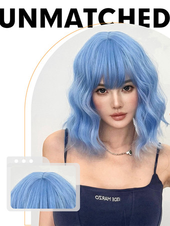 合成ウィッグ ライトスカイブルー カーリー 耐熱ファイバー 乱れたショート レディース 女性用 ショートウィッグ