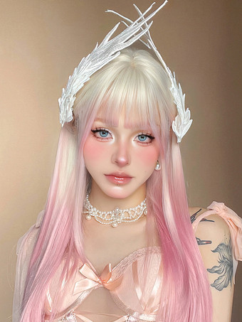 女性用ロングウィッグ ライトピンク 鈍いフリンジ 耐熱ファイバー ファッション ハイライトヘア ロング 合成ウィッグ
