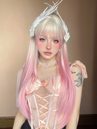 女性用ロングウィッグ ライトピンク 鈍いフリンジ 耐熱ファイバー ファッション ハイライトヘア ロング 合成ウィッグ