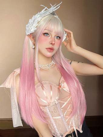 女性用ロングウィッグ ライトピンク 鈍いフリンジ 耐熱ファイバー ファッション ハイライトヘア ロング 合成ウィッグ