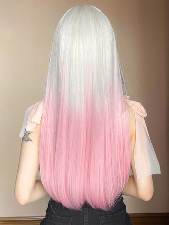 女性用ロングウィッグ ライトピンク 鈍いフリンジ 耐熱ファイバー ファッション ハイライトヘア ロング 合成ウィッグ