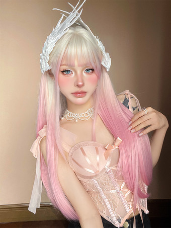 女性用ロングウィッグ ライトピンク 鈍いフリンジ 耐熱ファイバー ファッション ハイライトヘア ロング 合成ウィッグ