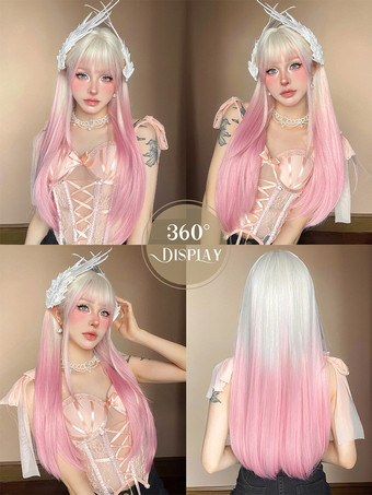 女性用ロングウィッグ ライトピンク 鈍いフリンジ 耐熱ファイバー ファッション ハイライトヘア ロング 合成ウィッグ