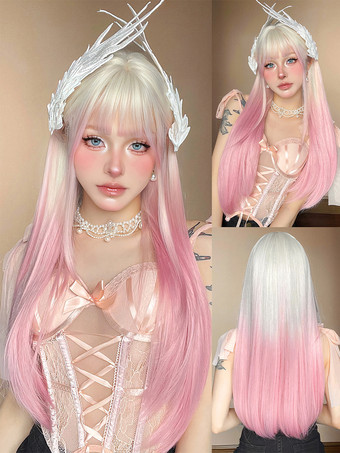 ライトピンク女性用ロングウィッグ ライトピンク 鈍いフリンジ 耐熱ファイバー ファッション ハイライトヘア ロング 合成ウィッグ