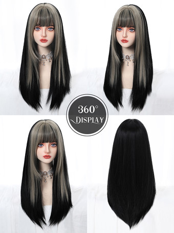 女性用ロングウィッグ ブラック 鈍いフリンジ 耐熱ファイバー インフォーマル レイヤード ロング 合成ウィッグ