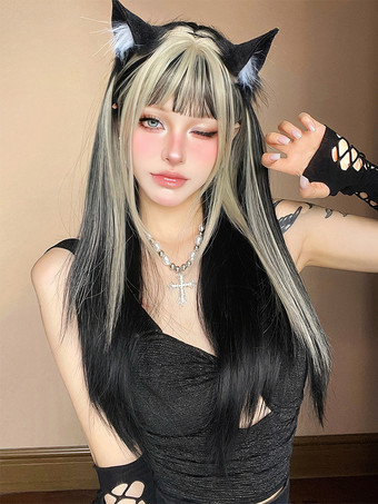 女性用ロングウィッグ ブラック 鈍いフリンジ 耐熱ファイバー インフォーマル レイヤード ロング 合成ウィッグ