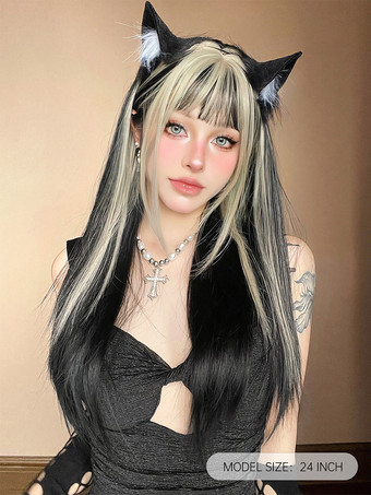 女性用ロングウィッグ ブラック 鈍いフリンジ 耐熱ファイバー インフォーマル レイヤード ロング 合成ウィッグ