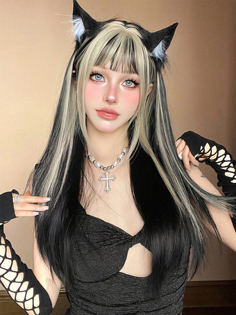 女性用ロングウィッグ ブラック 鈍いフリンジ 耐熱ファイバー インフォーマル レイヤード ロング 合成ウィッグ