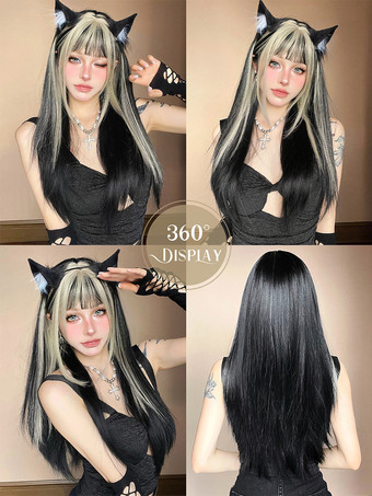 女性用ロングウィッグ ブラック 鈍いフリンジ 耐熱ファイバー インフォーマル レイヤード ロング 合成ウィッグ