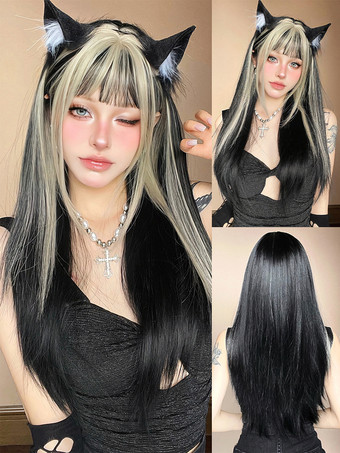 ブラック 女性用ロングウィッグ ブラック 鈍いフリンジ 耐熱ファイバー インフォーマル レイヤード ロング 合成ウィッグ