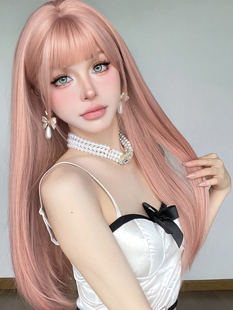 Lange Perücke für Frauen rosa stumpfe Fransen hitzebeständige Faser schöne geschichtete lange synthetische Perücken