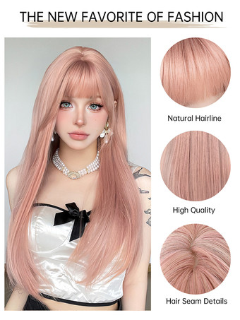 Lange Perücke für Frauen rosa stumpfe Fransen hitzebeständige Faser schöne geschichtete lange synthetische Perücken