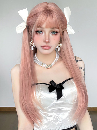 Lange Perücke für Frauen rosa stumpfe Fransen hitzebeständige Faser schöne geschichtete lange synthetische Perücken