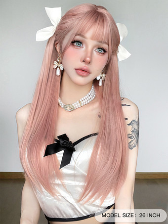 Lange Perücke für Frauen rosa stumpfe Fransen hitzebeständige Faser schöne geschichtete lange synthetische Perücken