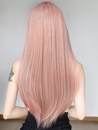 Lange Perücke für Frauen rosa stumpfe Fransen hitzebeständige Faser schöne geschichtete lange synthetische Perücken