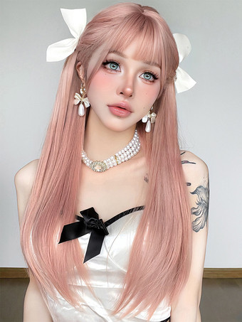 Lange Perücke für Frauen rosa stumpfe Fransen hitzebeständige Faser schöne geschichtete lange synthetische Perücken
