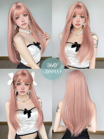 Lange Perücke für Frauen rosa stumpfe Fransen hitzebeständige Faser schöne geschichtete lange synthetische Perücken