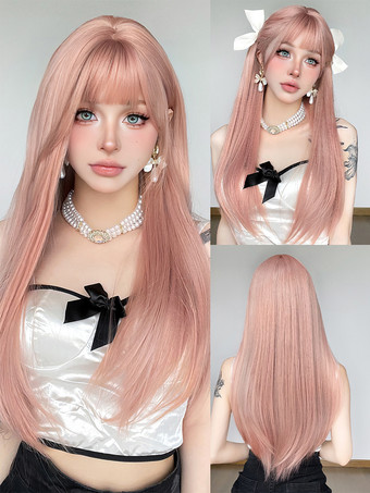 RosaLange Perücke für Frauen rosa stumpfe Fransen hitzebeständige Faser schöne geschichtete lange synthetische Perücken