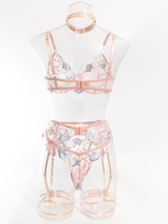 刺繍入りランジェリー セクシー ピンク 4点ブラ パンティ セット ガーターベルト付き