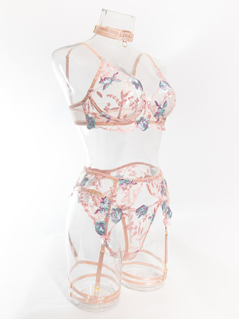 刺繍入りランジェリー セクシー ピンク 4点ブラ パンティ セット ガーターベルト付き