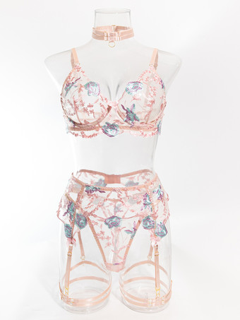 刺繍入りランジェリー セクシー ピンク 4点ブラ パンティ セット ガーターベルト付き