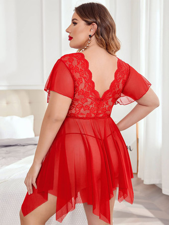 女性用ベビードールランジェリー 赤いレースのセクシーなナイトガウン