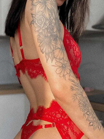 レースランジェリー セクシー レッド 4点ブラ パンティ セット ガーターベルト付き