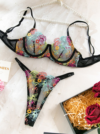 刺繍入りランジェリー セクシー ブラック 2ピース ブラ パンティ セット