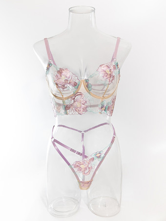 刺繍入りランジェリー セクシー ラベンダー 2ピース ブラ パンティ セット