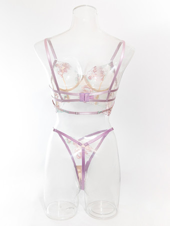 刺繍入りランジェリー セクシー ラベンダー 2ピース ブラ パンティ セット