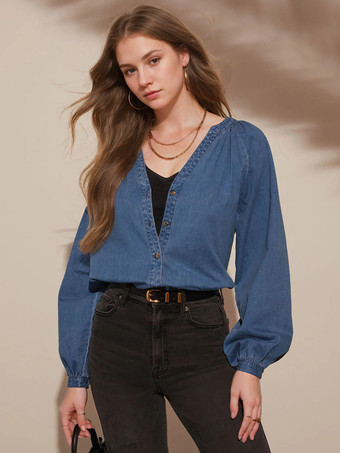 レディース ブラウス ブルー デニム Vネック シック ボタン 長袖 トップス