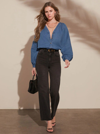 レディース ブラウス ブルー デニム Vネック シック ボタン 長袖 トップス