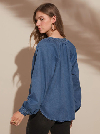 レディース ブラウス ブルー デニム Vネック シック ボタン 長袖 トップス