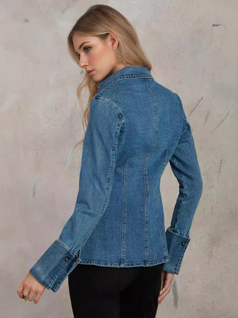 レディースブラウス ブルーボタン ターンダウンカラー シック 長袖 デニムトップス