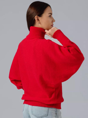 レディース プルオーバー セーター レッド カラーブロック ハイカラー 長袖 オーバーサイズ ポリエステル セーター