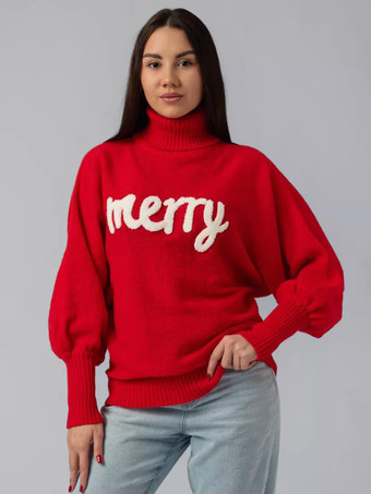 レッド レディース プルオーバー セーター レッド カラーブロック ハイカラー 長袖 オーバーサイズ ポリエステル セーター