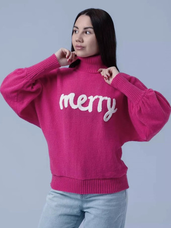 ローズレッドレディース プルオーバー セーター レッド カラーブロック ハイカラー 長袖 オーバーサイズ ポリエステル セーター