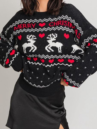 ブラック レディース プルオーバー ブラック カラーブロック ジュエルネック 長袖 オーバーサイズ ポリエステル セーター