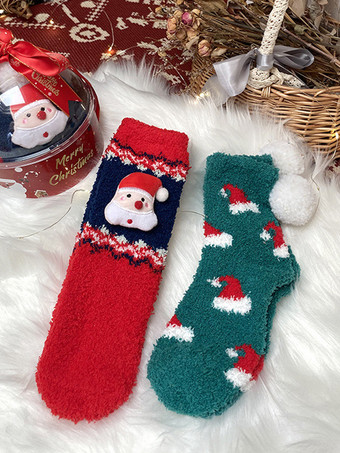 グリーン ソックス レッド コーラル フリース カラーブロック