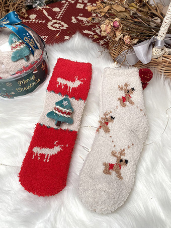 ホワイト ソックス レッド コーラル フリース カラーブロック