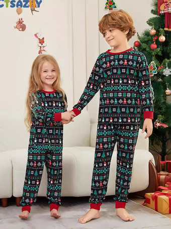 クリスマスお揃いファミリーパジャマ 子供用 大人用 ポリエステル クリスマス柄 トップパンツ