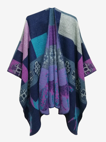 パープル レディース ポンチョ チェック柄 Vネック レッド ケープ