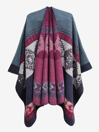 ローズレッドレディース ポンチョ チェック柄 Vネック レッド ケープ