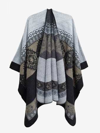 ライトグレーレディース ポンチョ チェック柄 Vネック レッド ケープ