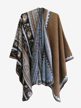 カーキ レディース ポンチョ チェック柄 Vネック レッド ケープ