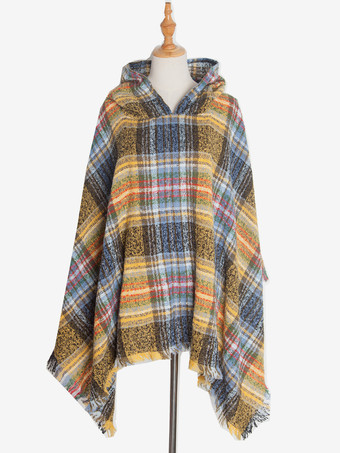 イエローレディース ポンチョ チェック柄 フード付き キャメル ケープ