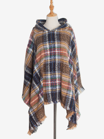 ラクダ色 レディース ポンチョ チェック柄 フード付き キャメル ケープ